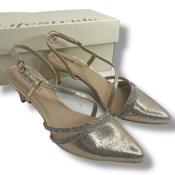 Lifestride Metallic Pointy Toe Heels 9.5 Rhinestone Buckle Arlo 2 Slingback Pump - Picture 7 of 11